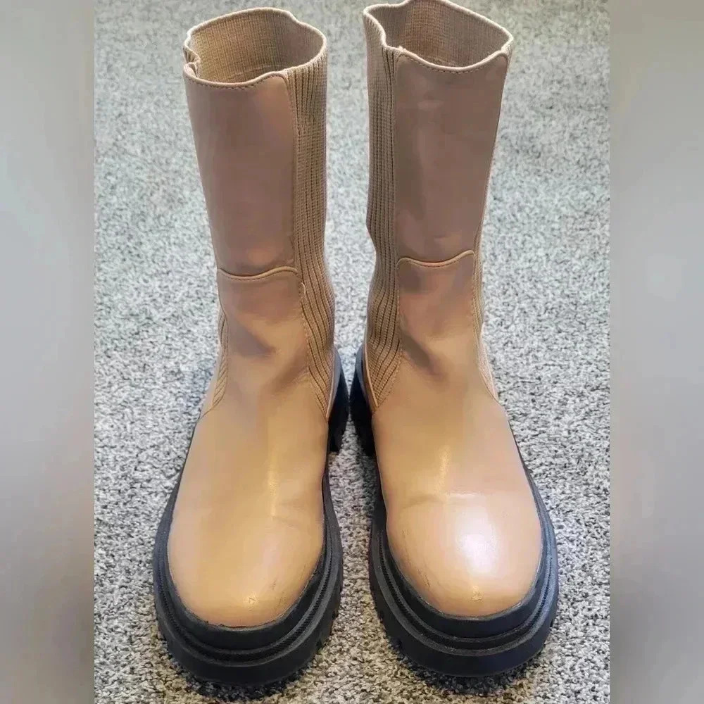 Camel Knitted Panel Wave Sole Chunky Calf High Ankle Boots, womens size 9 - Picture 10 of 12